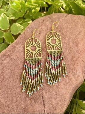 Gold Sunburst Fringe Bead Earrings in Olive, Teal & Rose
